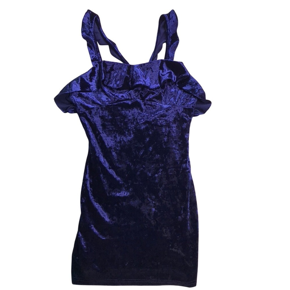 Essue Bodycon Mini Dress Womens Size Small Blue Crushed Velvet Ruffle LD31763